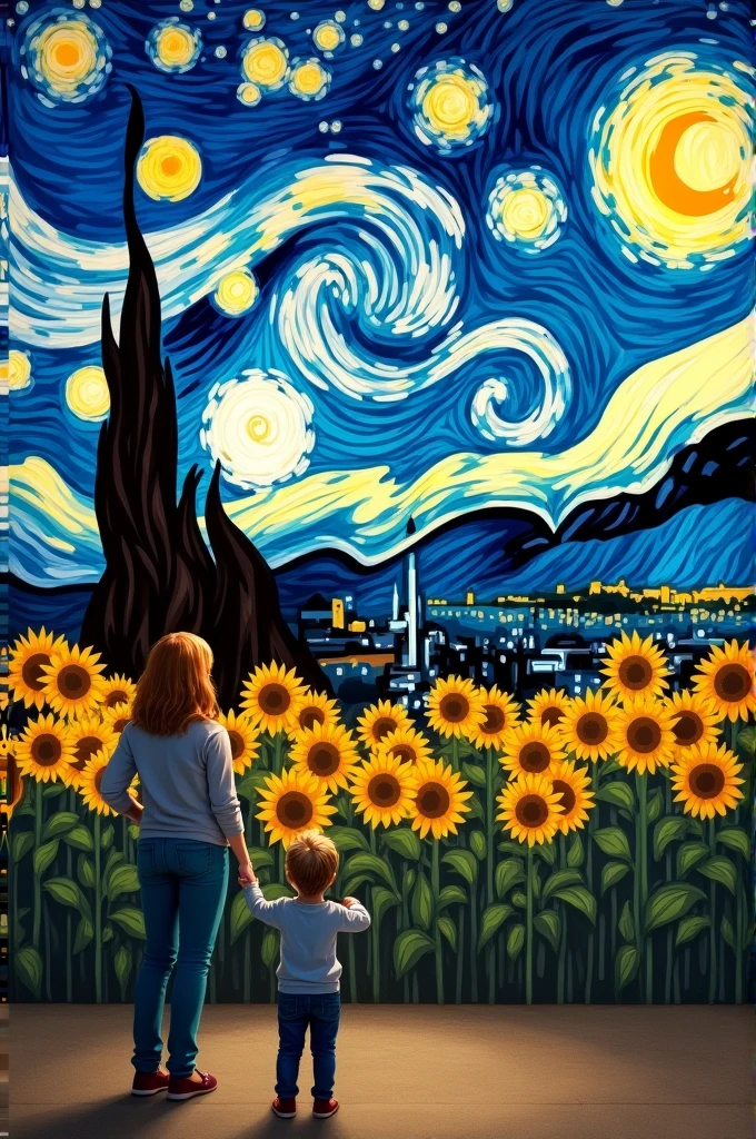 People looking at Vincent van Gogh&#39;s paintings The Starry Night , sunflowers , the potato eater