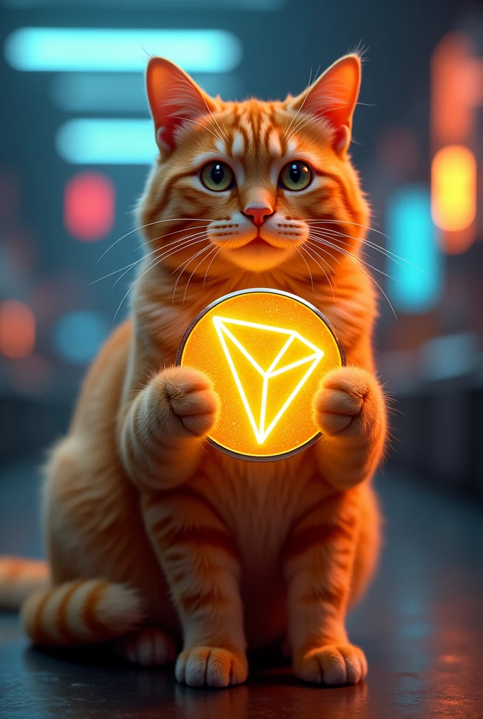 Beautiful orange cat with Tron Coin art pumping rocket and showing it to the viewer