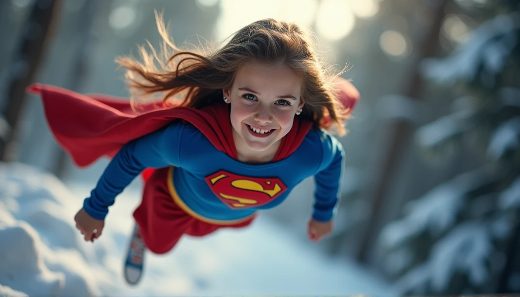 girl, age 6 years, в костюме super girl, suit to the neck, chest closed, flies in front of the city, a red cloak flutters behind his back, belt