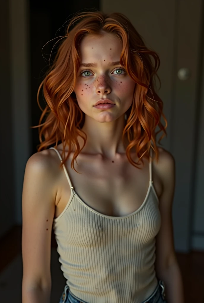 1girl in, , Solo, Aesthetic artwork, irish redhead, wavy ginger hair, shoulder length ginger hair, brilliant eyes, light grey eyes, some small freckles, pale skin, d-up, cleavage, (textured skin, skin pores:1.1), (moles:0.8), imperfect skin, goosebumps, (extremely detailed 8k wallpaper), soft lighting, high quality, film grain, Fujifilm XT3 sharp focus, f 5.6, 50mm, High Detail, Sharp focus,(natural light), dancing, jeans and tank top, shapely legs, crazy details, complex details, hyperdetailed, big, dark background, bed full body