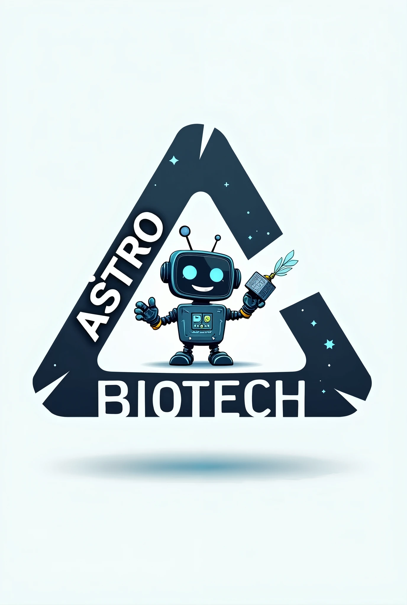 Make an image of a triangle-style logo with the ends written Astro Bio Tech And in the center of the image place a little robot holding a satellite.