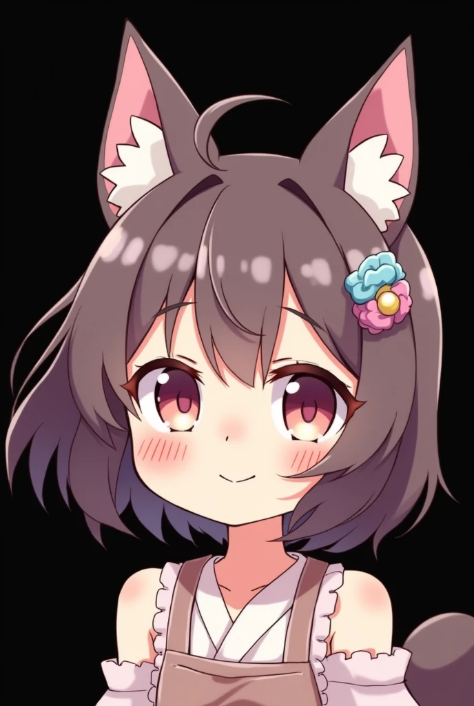 ear blush, by rubio, by the wide, swept bangs, Non-matching pupils, Sanpaku, cat ears, smile, animated style, tachi-e, High Definition, Black background