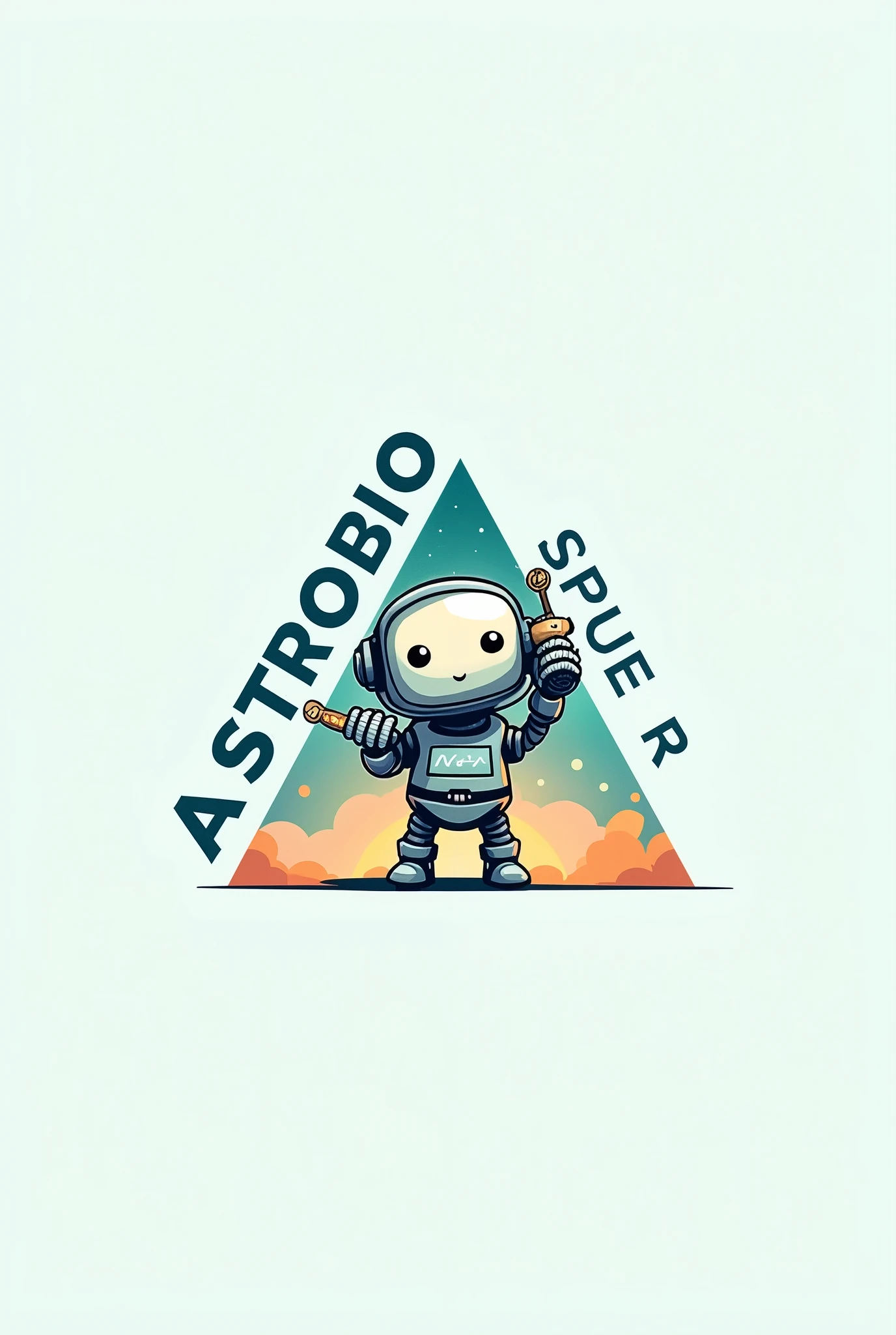 Make an image of a triangle-style logo with the ends written Astro Bio Tech And in the center of the image place a little robot holding a satellite.