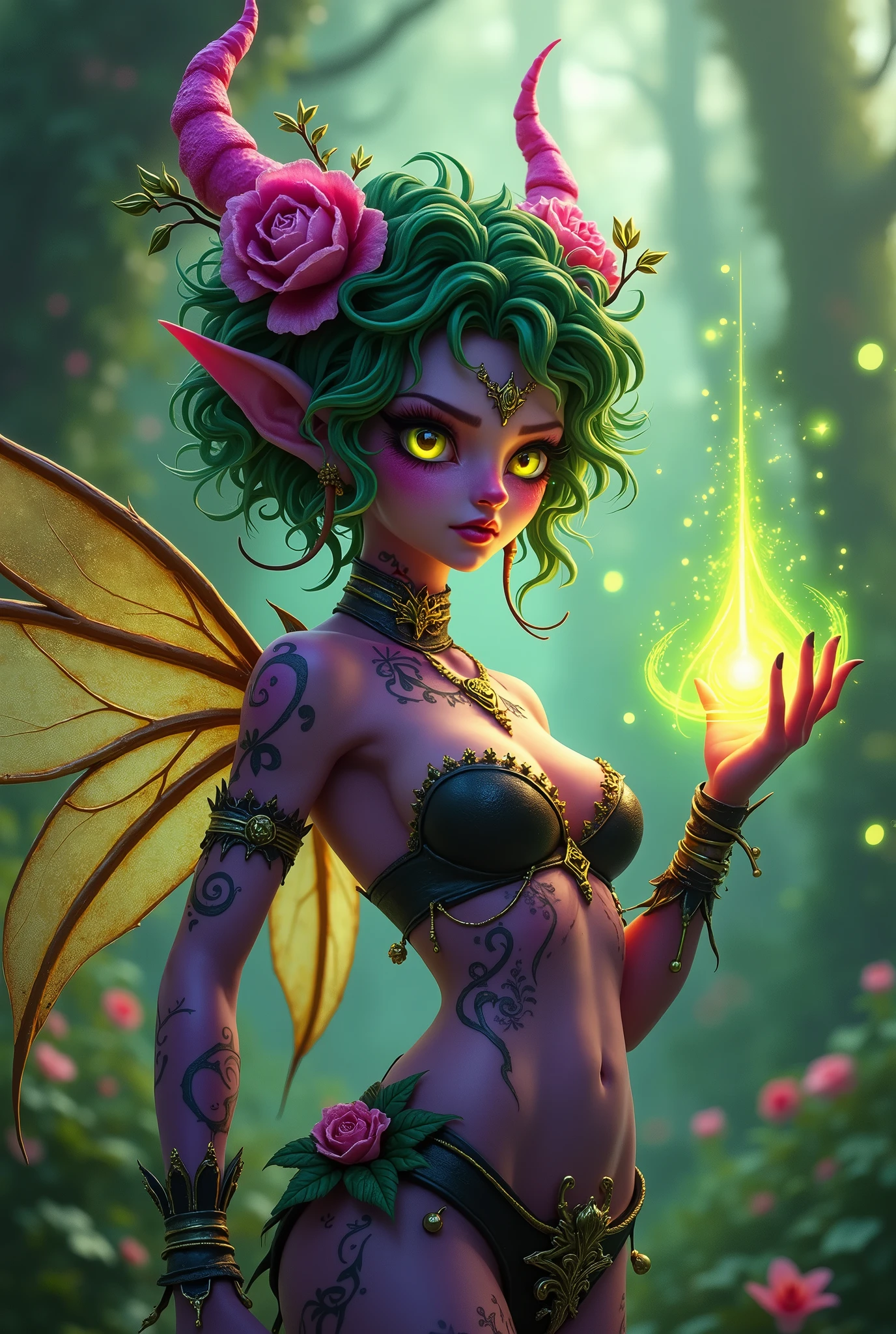 Prismatic coloration. Jungle like environment. A Short young Gremlin like Plant woman with a Deep purple skin tone. She has a gorgeous set of B-cup breasts, curvaceous hips, Slender Legs, & a round but small ass. She has short leaf green curly hair stopping at the top of her neck with various flowers growing within. She is wearing a revealing Yet royal Black & Purple Bikini like armor exposing much of her chest area with Golden celestial designs. She wears an otherworldly royal Tiara on her head. She has a serious face with a sad frown & a stern gaze in her sharp Rainbow Glowing eyes with black sclera & a heavily freckled form. She has long sharp Transparent Crystal like Blood-Red Demonic horns radiating heavenly energy & a set of elegant Elven ears. She has long Ruby red vine like tattoos running all around her body accompanied by Crimson Star-like Tattoos running along them. She has a small cute deer like snout. She has large Crystal Golden Fairy-like wings with a starlike pattern. She is seen in a battle stance summoning verdant green Stardust magic from her fingertips.