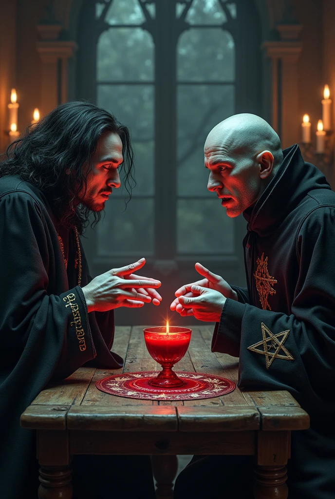 A vampire and a magician  sitting on the table with a blood cup