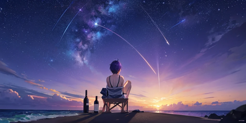 The back of a boy sitting on the beach holding a bottle of wine. There is a large purple starry sky and shooting stars in the background. The overall picture is darker.