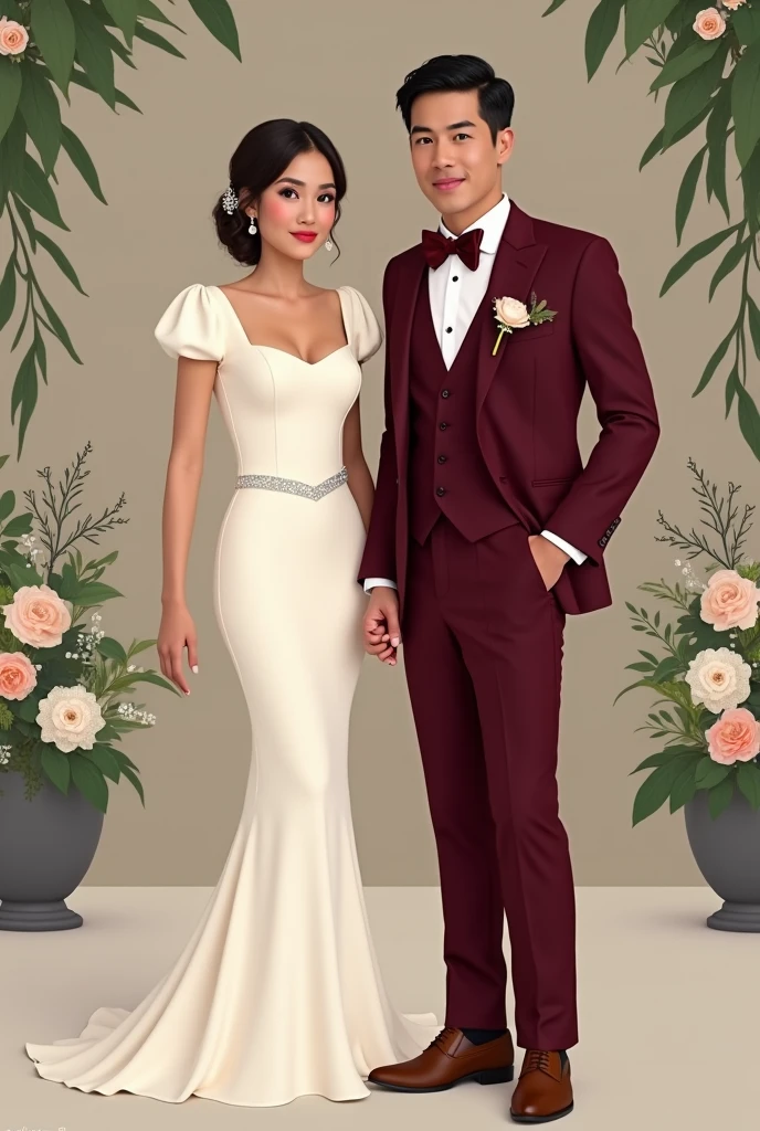 Create a bride's wedding dress. A plain, simple but elegant off-white puff sleeve, square neck mermaid micado dress for a female, 5'1ft, 46kg in weight and 27 waistline. Whole body, front. With the face of Joan Morante Cueto from De Joya Compound, Alangilan, Batangas City, Philippines in Facebook. 24years old Filipina.
Together with groom wearing a Burgundy Armani Suit with Burgundy vest, white long sleeve and burgundy bowtie with burgundy pants and brown shoes. The groom's height is 5'1ft and 80kgs. 30years old Filipino.