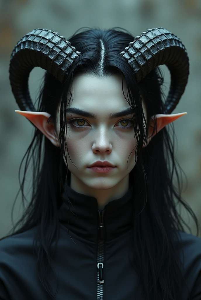 A man with hair as black as the night runs down her body to her waist. Two serrated horns adorn the oval head on both sides.; Both horns are half a foot long and look absolutely menacing.. His skin is pale white, The eyebrows are as sharp as a sword and his face is devilishly attractive..
