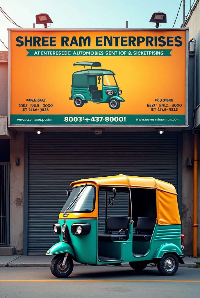 Prepare a unique creative shop hoarding design for e-rikshaw shop with name 'shree ram enterprises automobiles sales and services'