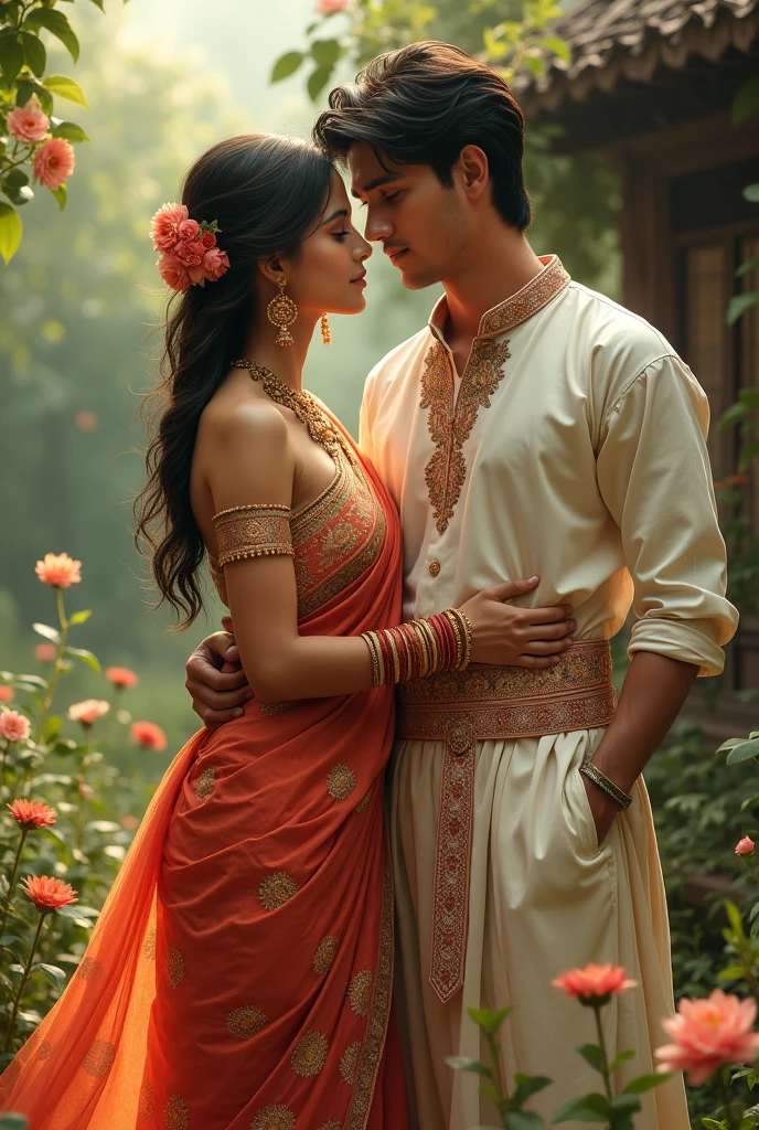 A girl in lungi and choli and a boy in dhoti and daura surwal