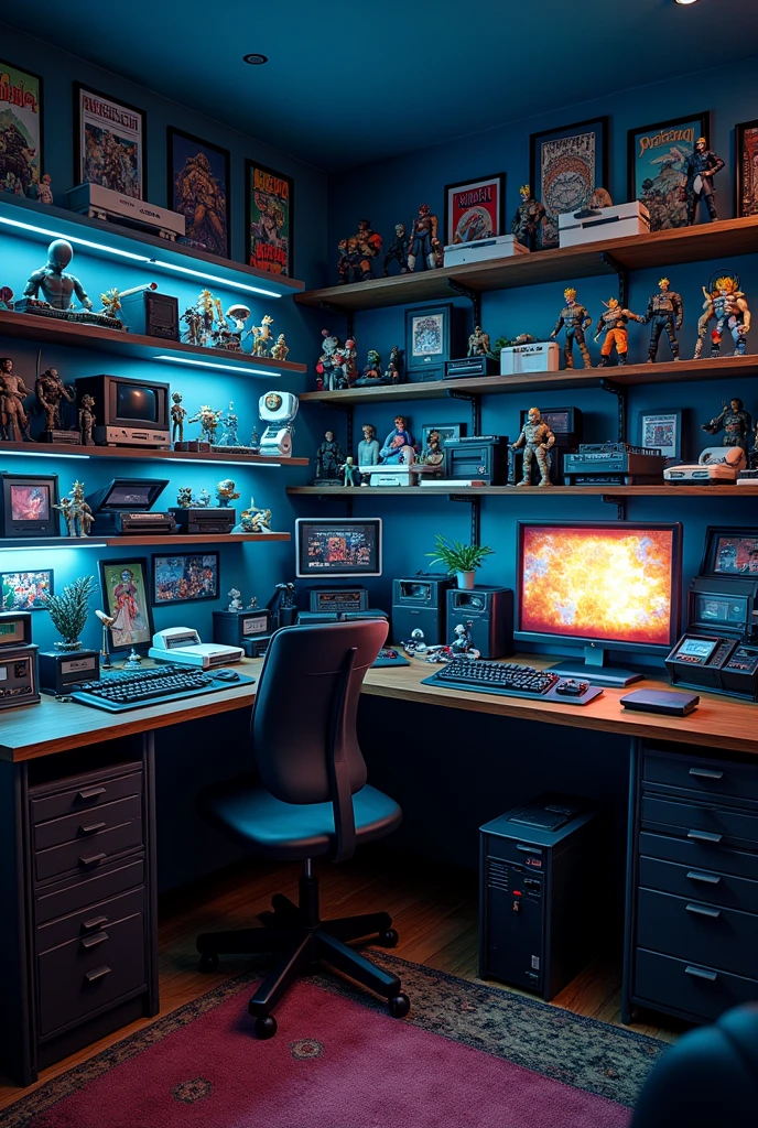 create a scenario of, the image must be 720 x 1280 in landscape format, for a nerd channel, a black wall, with black shelves, and dark blue lights. On the shelves, put old video games, nintendo 8 bit, atari, mega drive, if you cannot use these images, put similar ones very similar. Make it as realistic as possible, growing too, nerd culture items, don't show the floor, only 2 walls, ponha action figures, of animes, naruto, dragon ball, among others. Do not use tables etc.... just shelves and bookcases, also do not use chairs, tables and pcs, make the shelves different sizes, also add video game characters, Ryu, chun li, link, sub zero...
in large sizes