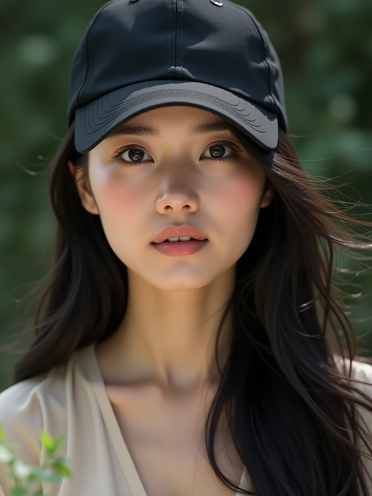 chinese girl 20 years old , with flawless face,focus on her gaze,cute,beautiful,high quality beautiful,black hair ,with black bisbol hat,casual style ,natural ,badass