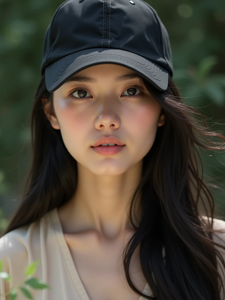 chinese girl 20 years old , with flawless face,focus on her gaze,cute,beautiful,high quality beautiful,black hair ,with black bisbol hat,casual style ,natural  ,badass