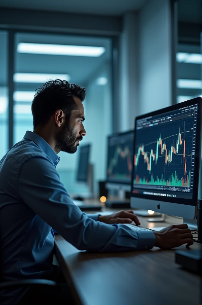 Man sitting in front of a computer showing a trading chart