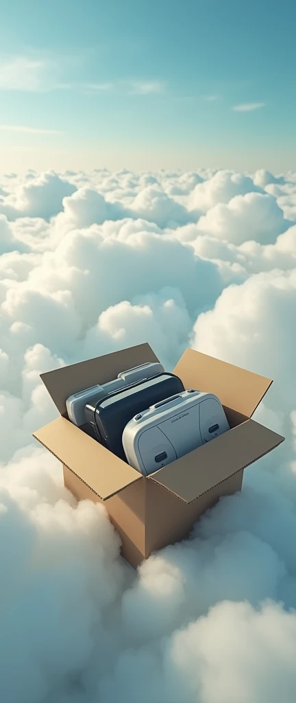 consoles inside a cardboard box in the clouds