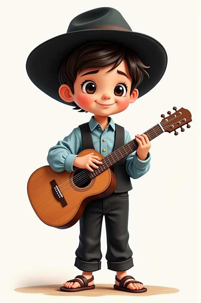 A cartoon of a child, Dressed in black cloth pants and a light blue long-sleeved shirt tucked into the pants with buttons, black vest without buttons, sandals and a black Vallegrandino hat and a guitar standing to his left side
