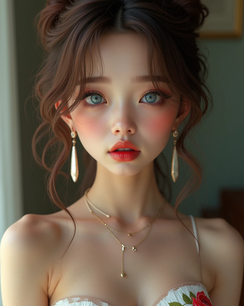 Realism of light, 16K realism, ((Overly realistic body proportions, Anatomically correct:1.3)), (A beautiful and delicate face), (Pale skin), Take a break, ((Small round head)), (รายละเอียดhigh สวยเพรียวบางและหน้าคมสุดๆ), (สุดยอดรายละเอียดhighสุดสมจริงสีดำ_eyes:1.28), ((super realistic sharp-eyes:1.2)), (tired and sleepy and satisfied:0.0), close up of a woman's eyes, perfect round eyes, Students with meticulous attention to detail,Take a break,detailed lips:1.3,pink_put on makeup:1.22, (long_light blue_eyeliner:1.15), red_lipstick:1.21 ,((Perfect darkness_eyeshadows:1.3)), (super detailed professional put on makeup on eyes:1.23), (Fine nose:1.2), (ผิวสัมผัสจริงคุณภาพhighที่ดีที่สุด:1.3),(Brown layered wavy hair),Heavy put on makeup、(1,One female):1.2、8ก, seductive smile, high:1.4、small face、Nikon Z85mm, ((best quality)) ,((Masterpiece)), complicated details, professional, realistic, realistic、 ((strapless, Baretop windshield))、((sexy mini skirt)):1.2、 Rose print on the skirt: 1.23、(Walk in the park):1.2, large earrings、(รองเท้าบู๊ทlongถึงเข่าแบบยืดสีขาวพร้อมรองเท้าส้นhighกริช、Pointing toe):1.2、((Shoot above the knee.)),
