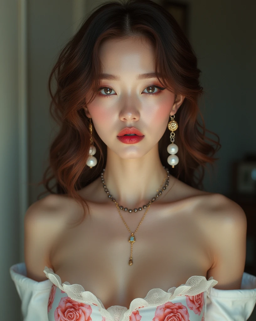 Realism of light, 16K realism, ((Overly realistic body proportions, Anatomically correct:1.3)), (A beautiful and delicate face), (Pale skin), Take a break, ((Small round head)), (รายละเอียดhigh สวยเพรียวบางและหน้าคมสุดๆ), (สุดยอดรายละเอียดhighสุดสมจริงสีดำ_eyes:1.28), ((super realistic sharp-eyes:1.2)), (tired and sleepy and satisfied:0.0), close up of a woman's eyes, perfect round eyes, Students with meticulous attention to detail,Take a break,detailed lips:1.3,pink_put on makeup:1.22, (long_light blue_eyeliner:1.15), red_lipstick:1.21 ,((Perfect darkness_eyeshadows:1.3)), (super detailed professional put on makeup on eyes:1.23), (Fine nose:1.2), (ผิวสัมผัสจริงคุณภาพhighที่ดีที่สุด:1.3),（Brown layered wavy hair）,Heavy put on makeup、(1,One female):1.2、8ก, seductive smile, high：1.4、small face、Nikon Z85mm, ((best quality)) ,((Masterpiece)), complicated details, professional, realistic, realistic、 ((strapless, Baretop windshield))、((sexy mini skirt))：1.2、 Rose print on the skirt: 1.23、(Walk in the park）:1.2, large earrings、（รองเท้าบู๊ทlongถึงเข่าแบบยืดสีขาวพร้อมรองเท้าส้นhighกริช、Pointing toe）：1.2、((Shoot above the knee.)),