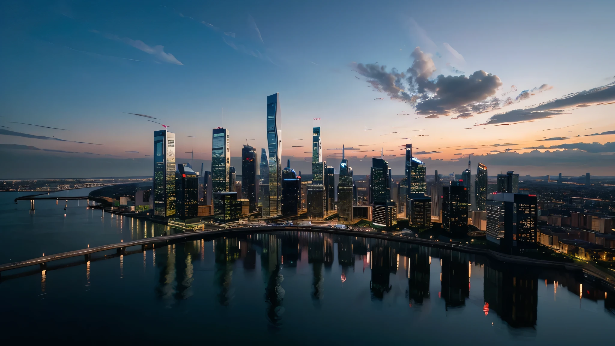 Create an image of a modern city skyline at dusk, where the buildings' lights are starting to turn on. The skyline should be reflected perfectly in a calm body of water below, creating a mirror-like effect. The city should have a mix of skyscrapers, some with unique and recognizable architecture, and a few smaller buildings. The sky above should be a gradient of deep blue to purple with a few scattered clouds. The overall atmosphere should feel serene and slightly surreal due to the clarity of the reflection.