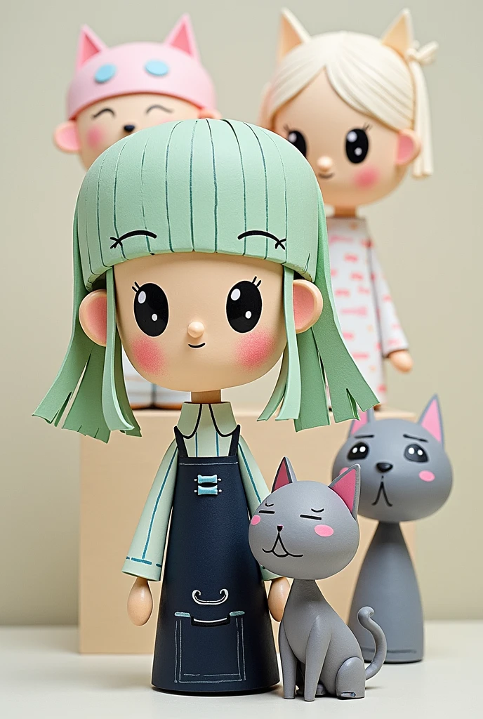 There are groups of paper cut dolls in the shape of a girl and a cat., Art Toys, wooden Art Toyss, Art Toyss, Art Toys, wooden Art Toyss on base, Sweet artwork, toy design, Stop Motion Characters, By Maki Haku, Cute and quirky, Weird art, Cute funny wooden doll, Art Toyss on a pedestal, sculpture!!