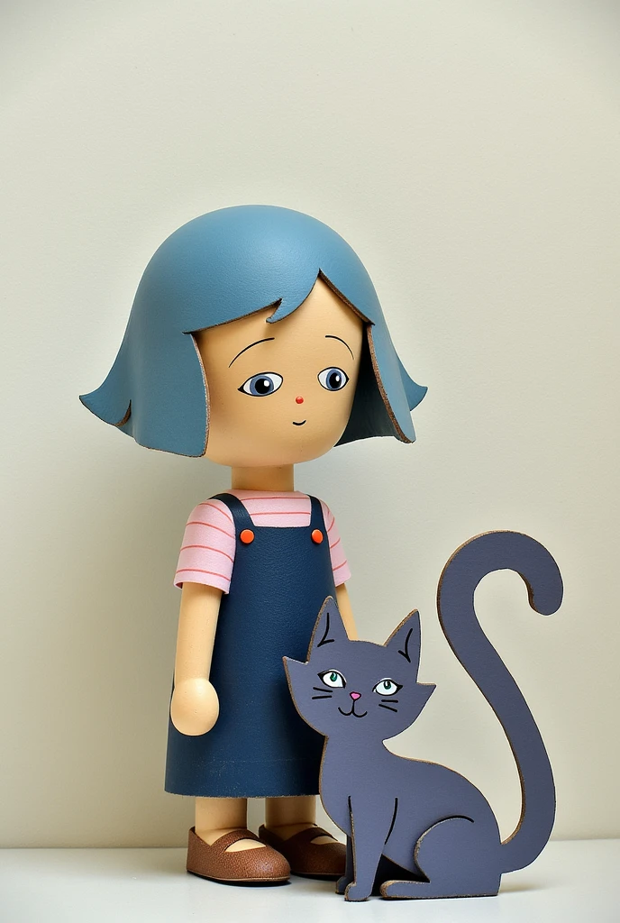 There are groups of paper cut dolls in the shape of a girl and a cat., Art Toys, wooden Art Toyss, Art Toyss, Art Toys, wooden Art Toyss on base, Sweet artwork, toy design, Stop Motion Characters, By Maki Haku, Cute and quirky, Weird art, Cute funny wooden doll, Art Toyss on a pedestal, sculpture!!