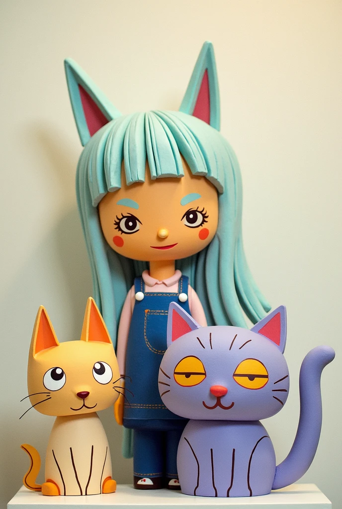 There are groups of paper cut dolls in the shape of a girl and a cat., Art Toys, wooden Art Toyss, Art Toyss, Art Toys, wooden Art Toyss on base, Sweet artwork, toy design, Stop Motion Characters, By Maki Haku, Cute and quirky, Weird art, Cute funny wooden doll, Art Toyss on a pedestal, sculpture!!