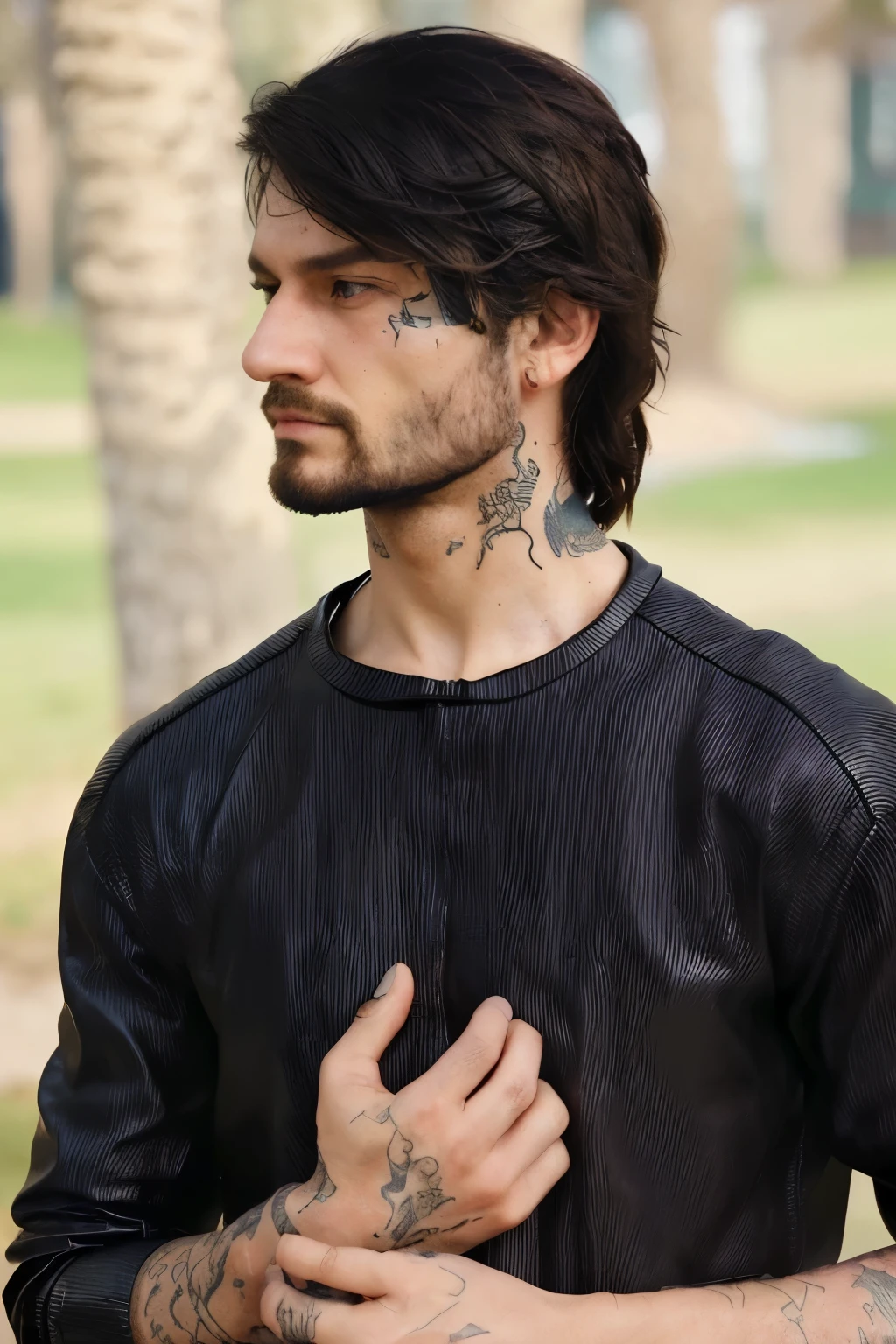 Convert this image in 4K Ultra Hd, Realistic,normal beard, tattoo on meck, wearing leather jacket.