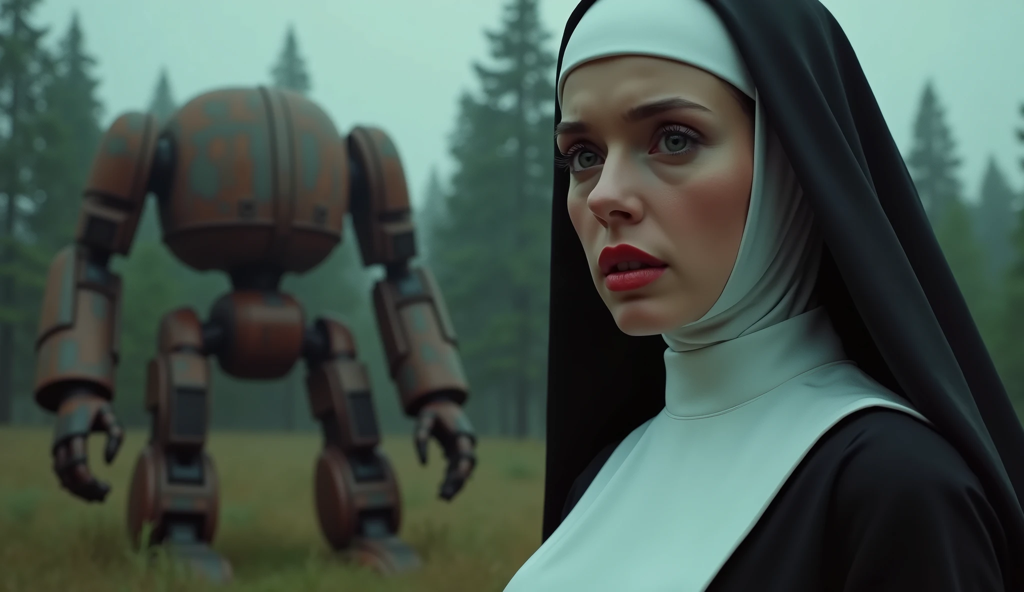 (Masterpiece.uhd.phtotrealistic.analog photography.1950 style.) ina dystopian Neo retro futuristic world.an ultra hot gorgeous Swedish woman. Age 23. Voluptuous hourglass body. Gorgeous face.blush. Epic cleavage (100 E size) (((she’s dressed like a nun))) concerned, Worried face. beautiful detailed eyes, beautiful detailed full red lips, extremely detailed face and features, long eyelashes,professional,bokeh, (at night time) 1930 clunky and rusty evil war robot in the background. In the garden of an old abandoned abbey.