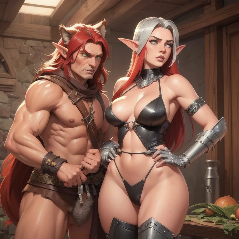 1 fierce wild elf, Zuleyka with long red hair, pointed ears, green eyes, freckles, thin lips, round face, large bust, wide hips, toned arms and thighs, wearing light silver armor, fish scale mail covering bust, silver pauldrons, tattered leather loincloth, long leather gloves, long leather boots, holding serrated blade sword, aggressive and feral character, taming saber-toothed tigers Mabu and Gobu as pets,(best quality,4k,8k,highres,masterpiece:1.2),ultra-detailed,(realistic,photorealistic,photo-realistic:1.37),extremely detailed eyes and face,longeyelashes,concept art,digital painting,vibrant colors,dramatic lighting