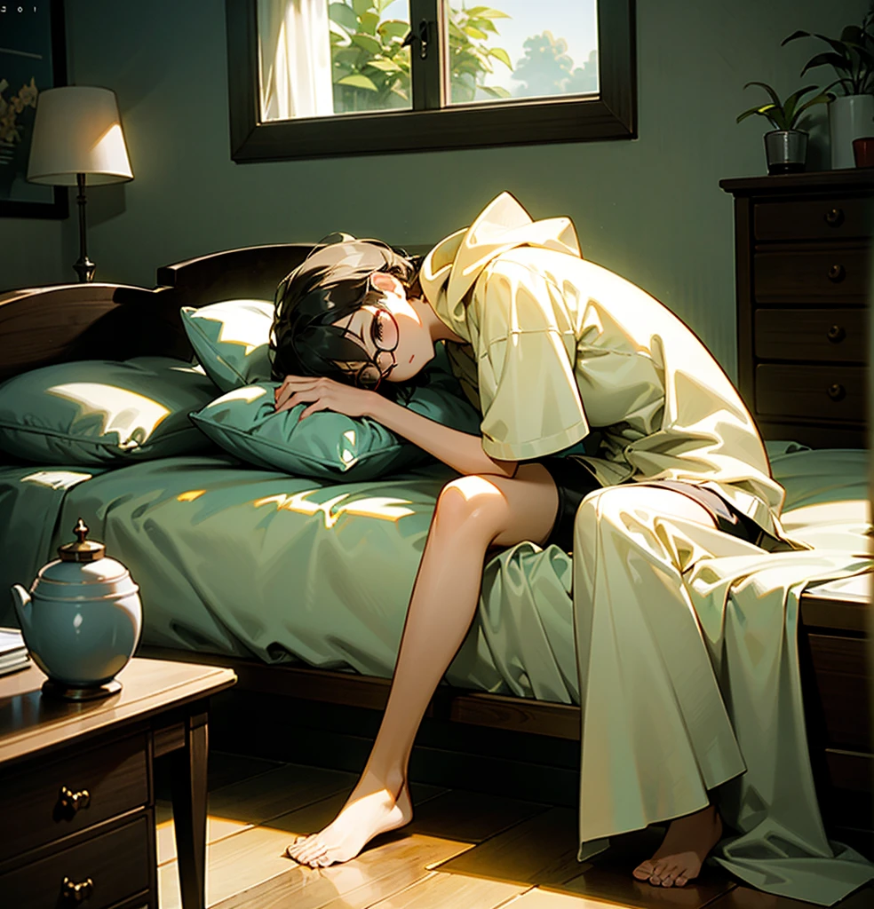 1girl, short hair, wearing white hoodie and black shorts, inside the bedroom, in the bed, sitting, sleepy expression, morning, there are few books inside the room, a dresser with glasses, alarm and some plants on pot on top of the dresser, wooden floor, some stuff in the wall like calendar, clock, warming calm ambience, light coming from the window, masterpiece, ultrahd, 4K