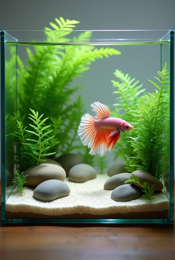 aquascape that consists a 5 gallon rectangle tank, aquatic plant java fern, 2 marimo balls, some round or oval river stones, a light colored hard sand substrate and maybe colored background with good lighting. Also put a light color betta fish that suits to be inside it. Focus on the aquascape arrangements. I want a wide tank not tall