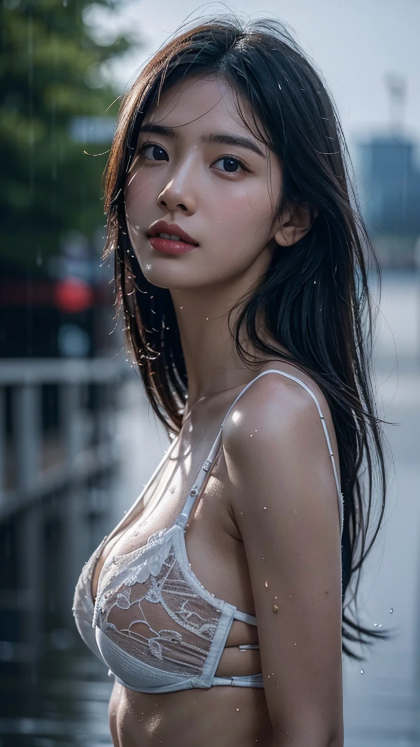 8k, masterpiece, RAW photos, best quality, realistic, extremely detailed CG unity 8k wallpaper, depth of field, (very beautiful face, beautiful lips, beautiful eyes), ((highly detailed skin)),  (realistic photo:1.5), Rainy day street, (Wet Girl), ((Dramatic Ripped Bra)), Full body model pose, sexy pose