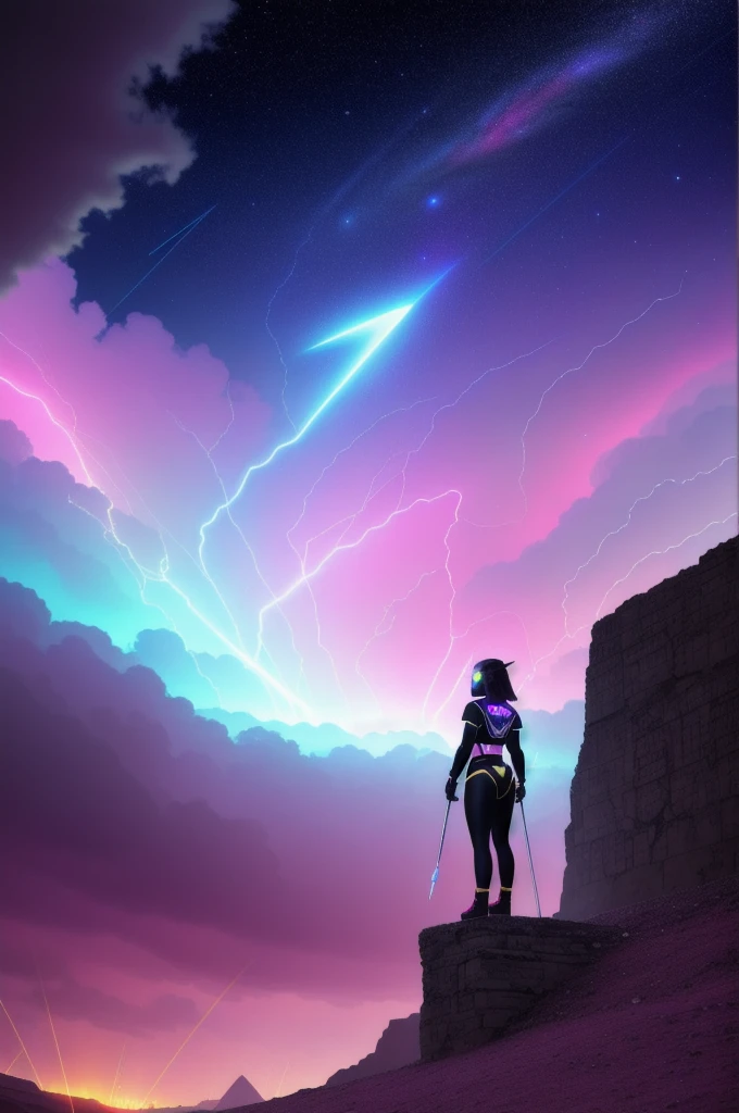 1girl, (by Rinat Voligamsi:1.0) , dark art, grand Airbrush painting, Proud, Landscape of a Egyptian ([Baobab:Cosmic rays:2]:1.3) , it is very kinetic art and Warrior, it is made from Magic, it has glamourous details, surreal, background is Original hillside, DayGlo pink beach and Andromeda constellation in background, Foggy conditions, Panorama, Visual novel, Wonder, Suprematism, Neon Light, Depth of field 100mm, Lomography, Diorama, Turquoise lightning bolts, trending on artstation, Pixabay