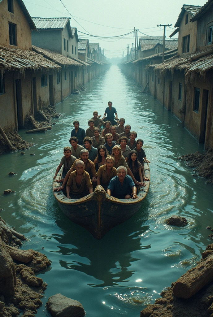 A scene of a flooded village or town. A boat full of people fleeing the floodwaters. Surrounded by floodwaters, broken houses, and mud-slicked roads.Above the image will be a large title saying " Stop Flood Tour”.