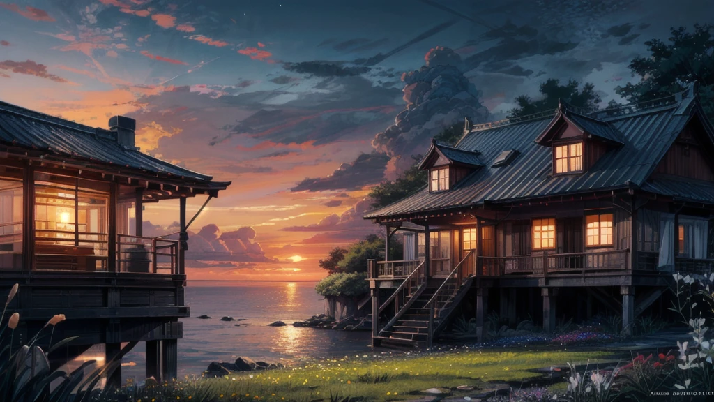 Sunset ,night, Oriental design, Old lighthouse tower,Ocean,ventilation, number,Grass, colourfull flowers ,Grass地,Concept Art, illustration, complex, flower, plant ((Tilset)