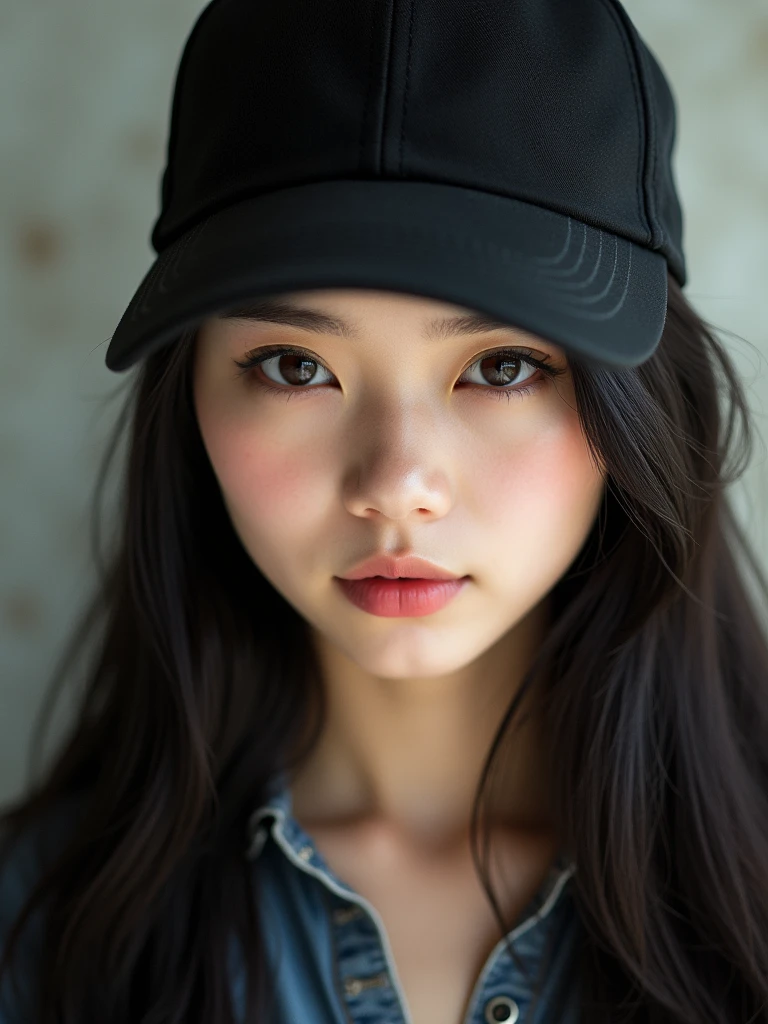 chinese girl 20 years old , with flawless face,focus on her gaze,cute,beautiful,high quality beautiful,black hair ,with black bisbol hat,casual style ,natural  ,badass