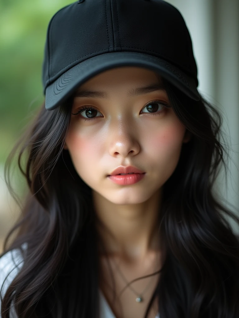 chinese girl 20 years old , with flawless face,focus on her gaze,cute,beautiful,high quality beautiful,black hair ,with black bisbol hat,casual style ,natural  ,badass