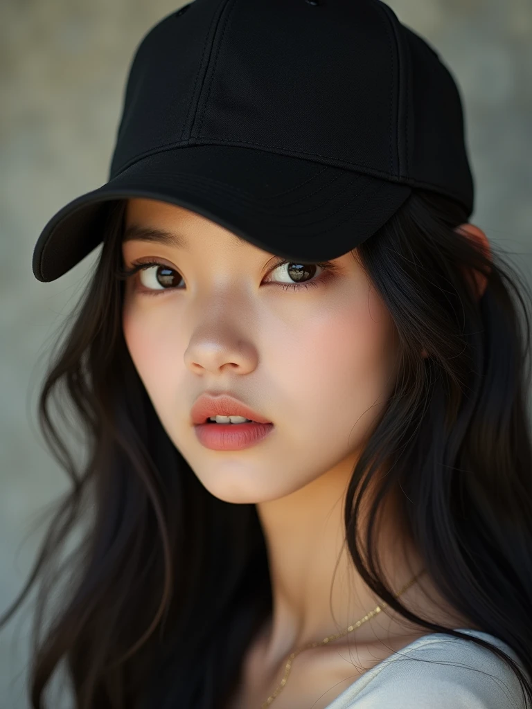 chinese girl 20 years old , with flawless face,focus on her gaze,cute,beautiful,high quality beautiful,black hair ,with black bisbol hat,casual style ,natural  ,badass