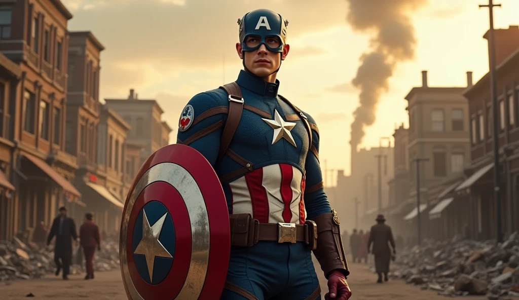 1850's Marvel Avengers character, captain america , vintage captain america, realistic, realistic character, vintage, vintage character, vintage background, male, destroyed city in background, highly detailed, extremely detailed, 8k, masterpiece, ultra-detailed, photorealistic, hdr, studio lighting, physically-based rendering, extreme detail description, vivid colors, dramatic lighting, cinematic, epic, captain america from 90s, talking with people