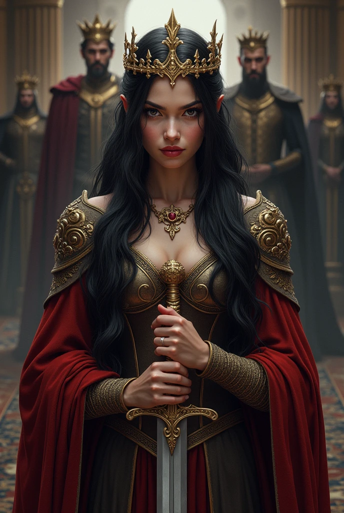 Create a masterful masterpiece book cover of a long black-haired princess with brown eyes and pale red lips and stern face was standing in front of a throne wearing a crown on her head and carrying a sword in front of many people. Behind her are the silhouettes of the king and queen 