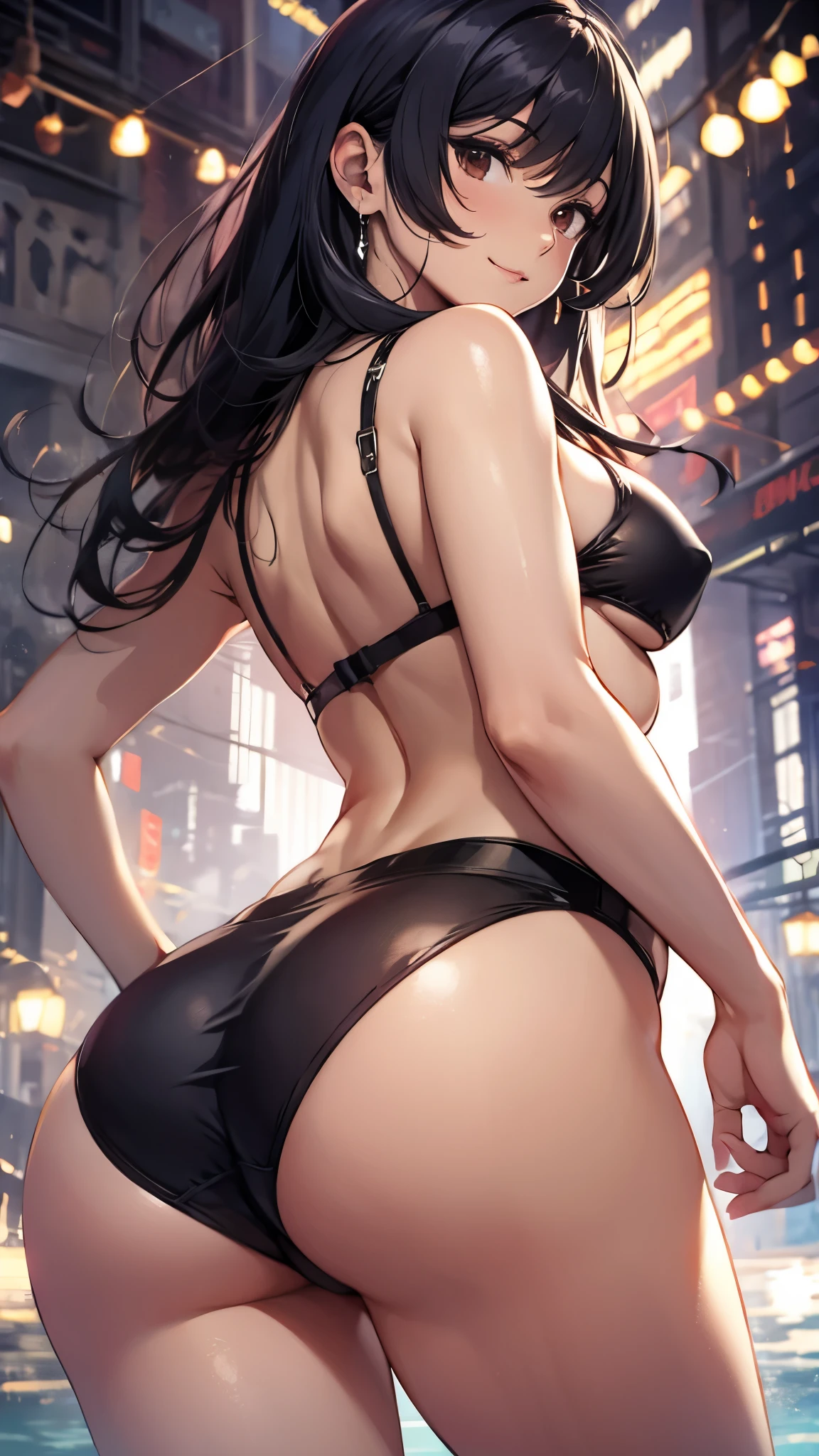 Anime Style、Final Fantasy VII, Tifa , Black Hair, ((Micro Bikini)), Large Breasts, Cleavage、Tight waist、Natural smile、underboob, Outdoors、looking back, cowboy shot, Model Pose, from below, Ass Focus、Highest quality, masterpiece, High resolution,