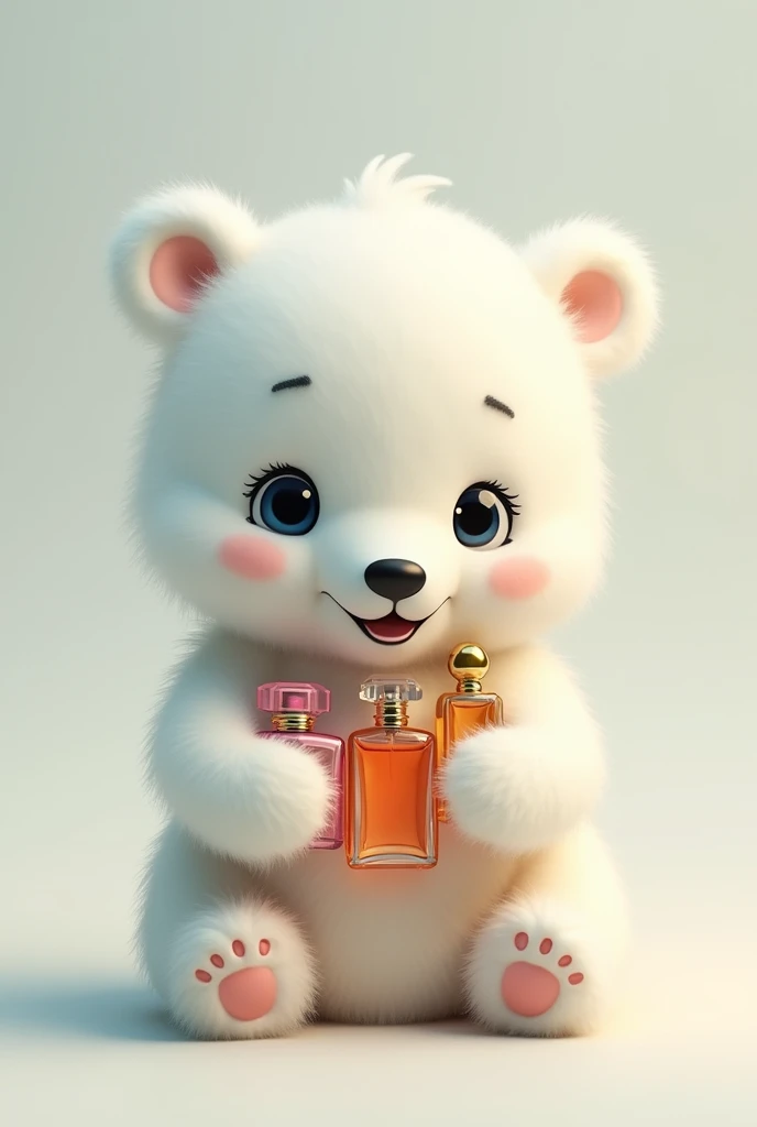 Cute polar bear with perfumes in his hands
