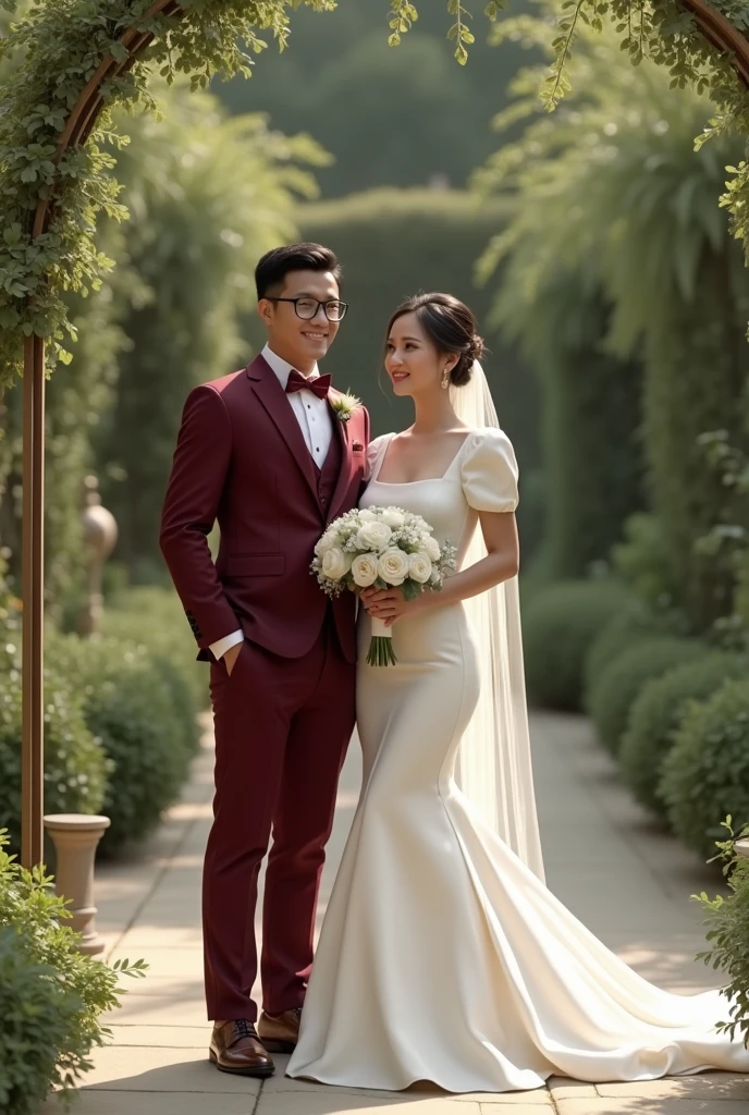 Create a bride's wedding dress. A plain, simple but elegant off-white puff sleeve, square neck mermaid micado dress for a female, 5'1ft, 46kg in weight and 27 waistline. Whole body, front. With the face of Joan Morante Cueto from De Joya Compound, Alangilan, Batangas City, Philippines in Facebook. 24years old Filipina.
Together with groom wearing a Burgundy Armani Suit with Burgundy vest, white long sleeve and burgundy bowtie with burgundy pants and brown shoes. The groom's height is 5'1ft and 80kgs, Medium size. 30years old Filipino with eyeglasses.