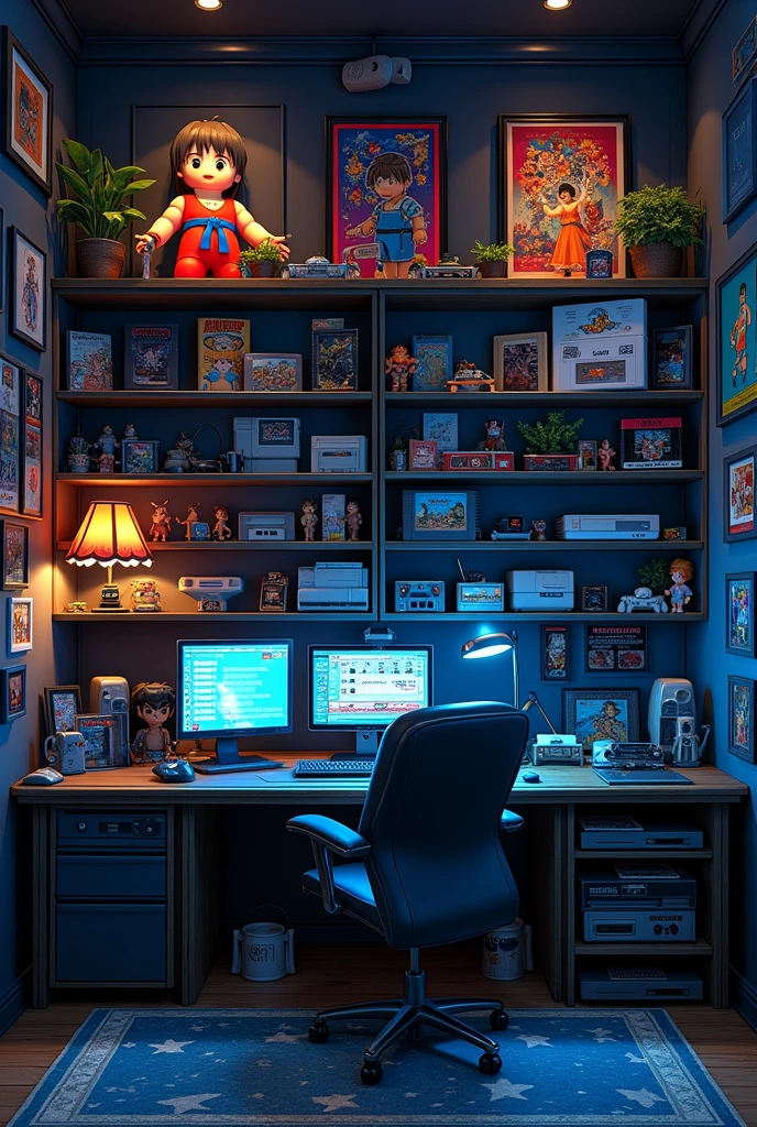 create a scenario of, the image must be 720 x 1280 in landscape format,
for a nerd channel,don't use tv, chair, don't even show the floor a black wall, with black shelves, and dark blue lights. On the shelves, put old video games, nintendo 8 bit, atari, mega drive, if you cannot use these images, put similar ones very similar. Make it as realistic as possible, growing too, nerd culture items, don't show the floor, only 2 walls, ponha action figures, of animes, naruto, dragon ball, among others. Do not use tables etc.... just shelves and bookcases, também não utilize chairs, tables and pcs, make the shelves different sizes, also add video game characters, Ryu, chun li, link, sub zero...
in large sizes
