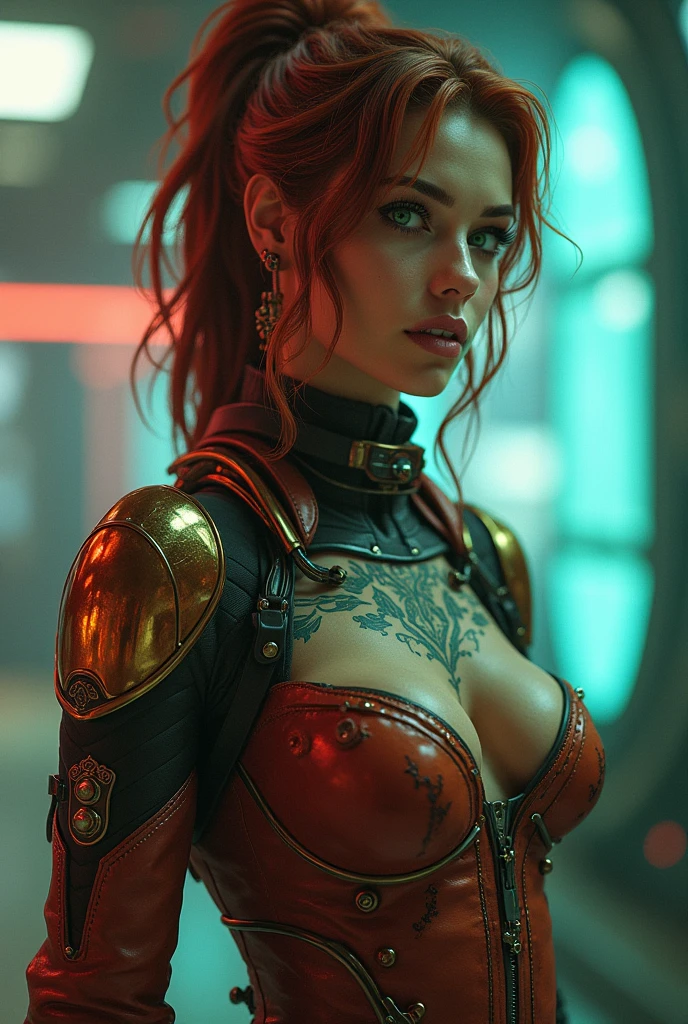 (masterpiece), best quality, expressive eyes, perfect face, 1girl, red braided hair, freckles face,(perfect body, big breast) ,(explosive), mechanical parts, full armor, fortified suit,red bodysuit, (masterpiece:1.4), (8k quality:1.4), (ultra detailed photo:1.3), anime style, ultra detailed illustration, (best quality:1.4), 1024k UHD, RTX, ray tracing, ulrea high resolution, high saturation, high contrast, photon mapping, immersive background+, (dramatic lighting), ultra highres, (realistic, photo-realistic:1), raw photo, hyperrealism, photography, (physically-based rendering), best texture quality, best compotitions, expressive eyes, perfect face, perfect anatomy, perfect body, (1girl), Shuls, (wavy hair, long hair), pastel-red hair, detailed hair, (glowing green eyes, very high resolution eyes, detailed round iris), pointy ears, mascara, (glossy lips, fleshy lips, detailed lips), perfect body,big breast, seductive smile, feminine expression, (intricate scenery of a bedroom, morning dawn), (cowboy shot), looking at viewer,
