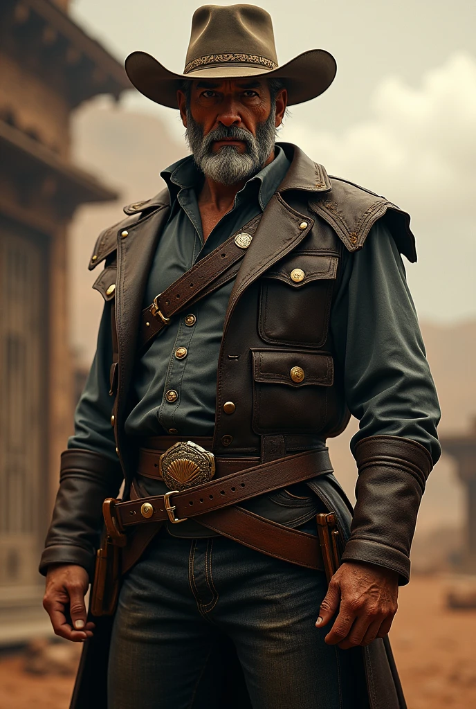 A man in ultra-realistic western costume, Fantasy art, Realistic, Dynamic Lighting, Art Station, Highly detailed face, 4K, Awards,