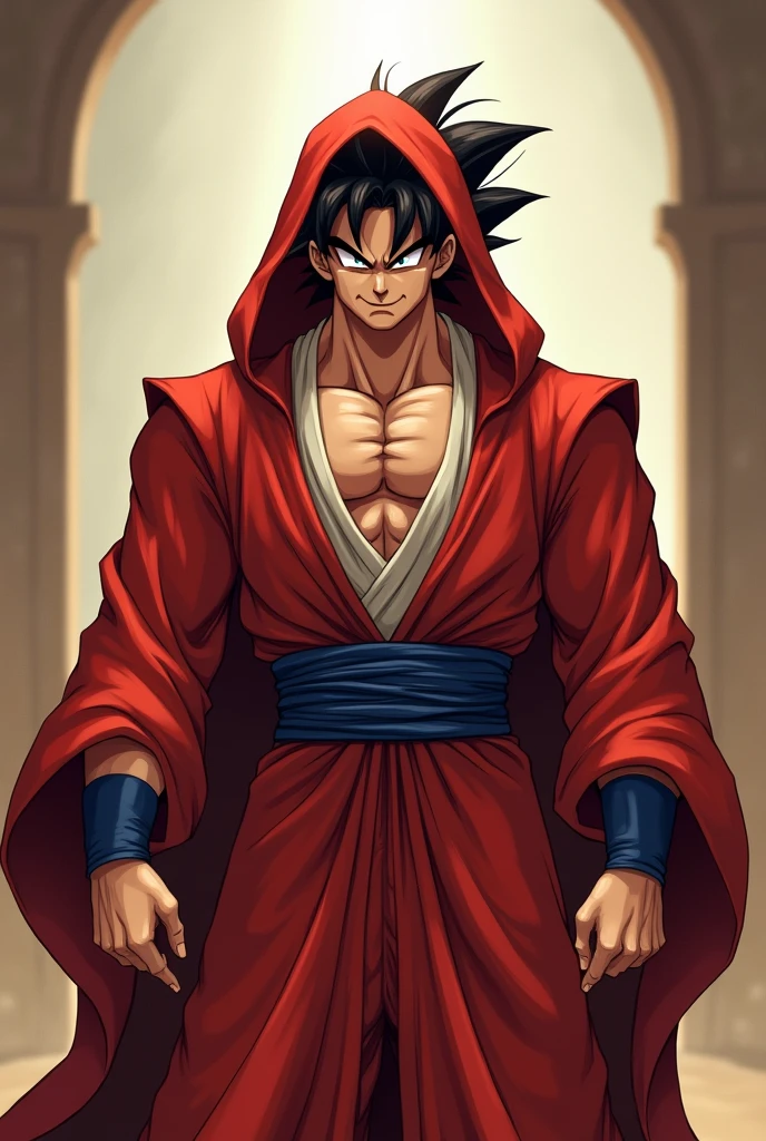 Son Goku, Masculine, Dragon Ball Z, Jedi Robe, Hooded Robe, Red Robe, Front opening robe, フードをsuffer, suffer, Hands on hips, smile, smiling, whole body, From head to toe, Perfect details