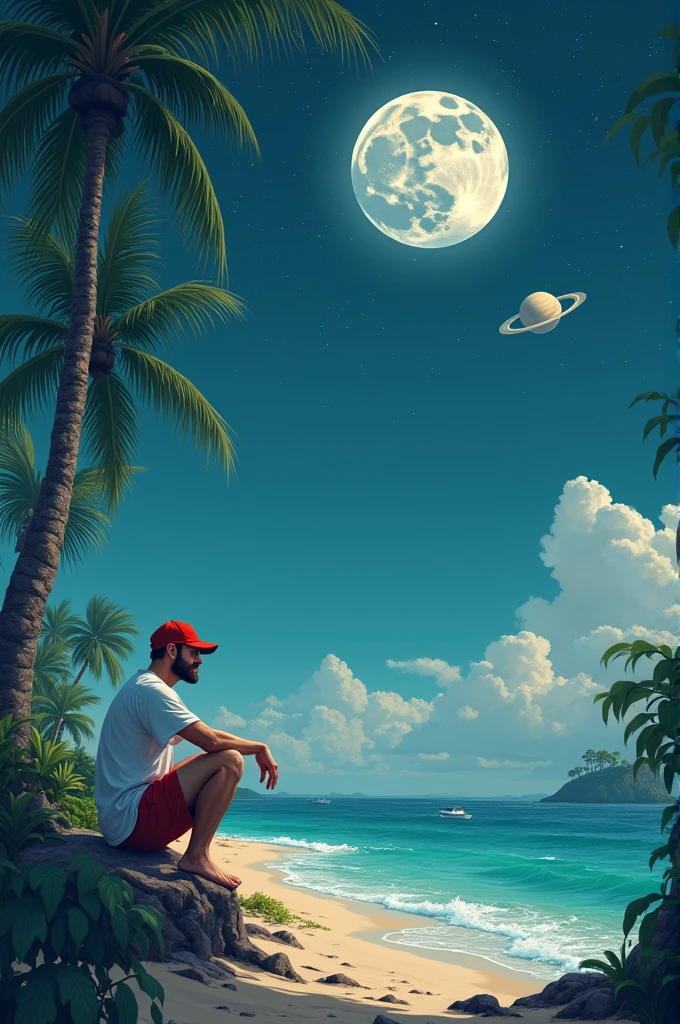 Tall skinny white man, brown hair, with beard, with red cap, white t-shirt and shorts, sitting on the edge of a paradisiacal beach, with a full moon night and Saturn appearing in the sky 