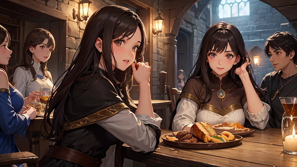 beautiful girl, Dark brown hair, Brown eyes, Dark Eyes, Fuller lips, middle ages, Wizard, Tavern, Having fun at the table with friends