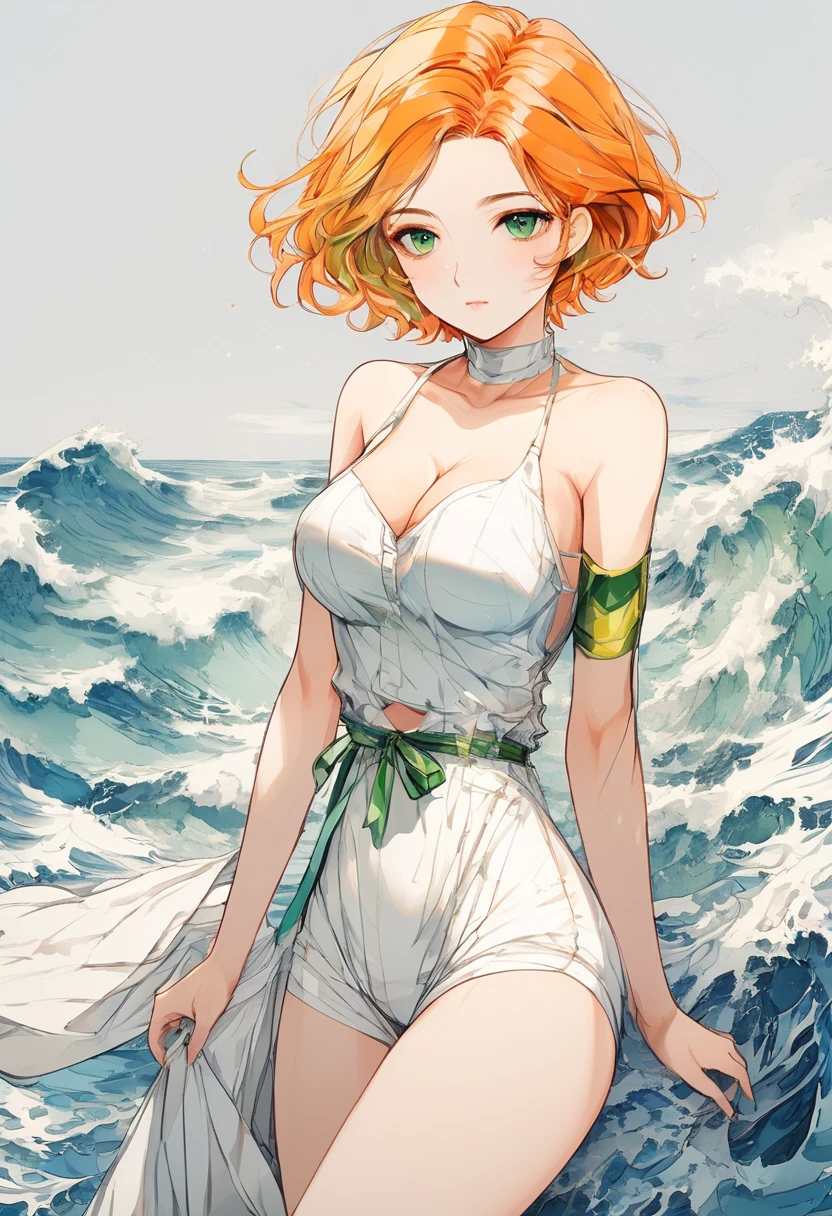 1girl, elegant erotic beautiful girl, big breasts, ((short orange hair)), hair is short, green ribbon in hair, maxi dress, adultery, indecent, vulgar, Nakano Yotsuba, intricate details, delicate facial features, beautiful blue eyes, ulzzang, long eyelashes, small nose, full lips, porcelain skin, natural lighting, warm color palette, chiaroscuro lighting, dramatic shadows, sensual, alluring, mature themes, artistic, dreamlike, ethereal, ((arms behind back)), thigh highs, ((white panties)), sideboob, cleavage, looking at viewer, ulzzang, (blue eyes),
